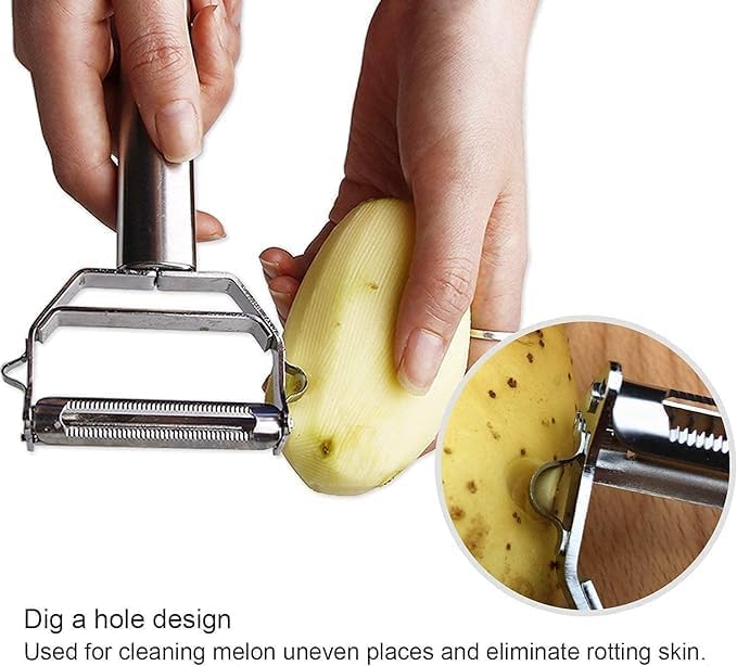 Stainless Steel 2 in 1 Julienne Vegetable Peeler Multi-Functional Fruit Vegetable Shredder Slicer Double Planing Cutter Potato Cucumber Carrot Melon Grater (Silver, 18 x 8.2 x 2.4 cm)