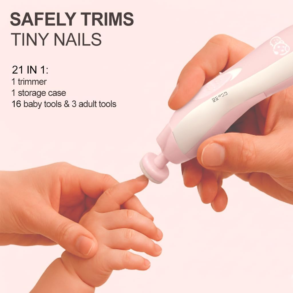 Royal Angels Baby Nail Clippers 20 in 1 by Baby | Safe Electric Baby Nail Trimmer, Baby Nail File Kit, Additional Replacement Heads, Newborn Toddler Toes and Fingernails, Trim and Polish (Pink)