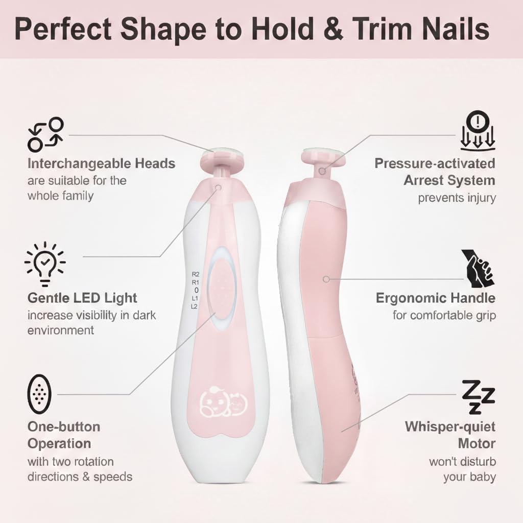 Royal Angels Baby Nail Clippers 20 in 1 by Baby | Safe Electric Baby Nail Trimmer, Baby Nail File Kit, Additional Replacement Heads, Newborn Toddler Toes and Fingernails, Trim and Polish (Pink)