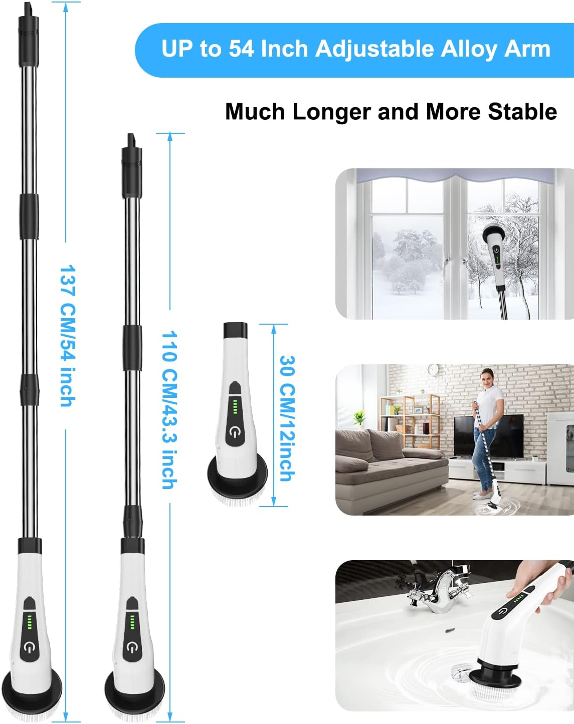 Leebein Electric Cleaning Brush, 2022 Spin Scrubber Cordless with 8 Interchangeable Drill Brush Heads, Tub and Floor Tile Mop Set with 137 cm Adjustable Handle for Bathroom Kitchen Car Floor (White)