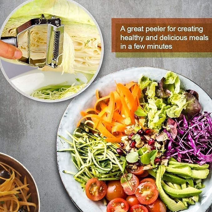 Stainless Steel 2 in 1 Julienne Vegetable Peeler Multi-Functional Fruit Vegetable Shredder Slicer Double Planing Cutter Potato Cucumber Carrot Melon Grater (Silver, 18 x 8.2 x 2.4 cm)