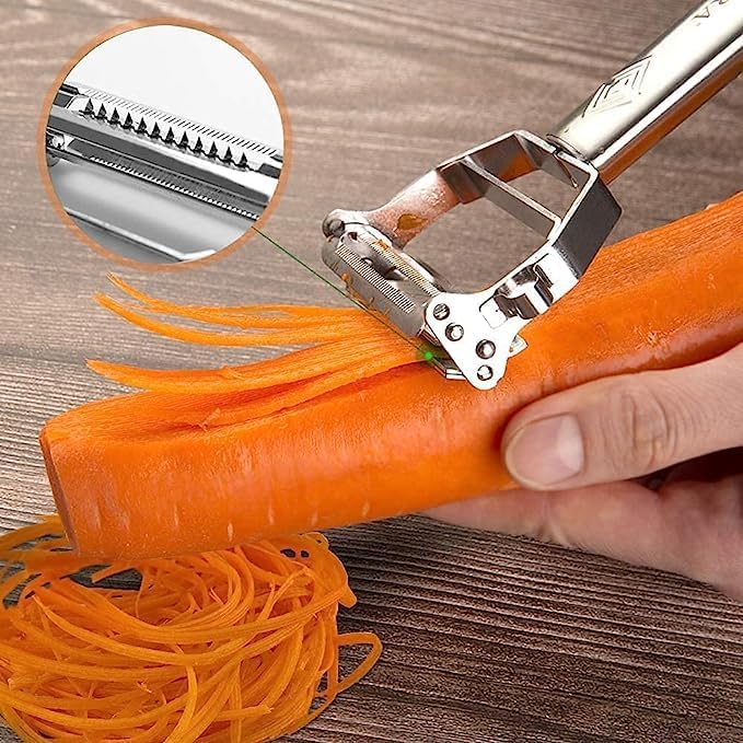 Stainless Steel 2 in 1 Julienne Vegetable Peeler Multi-Functional Fruit Vegetable Shredder Slicer Double Planing Cutter Potato Cucumber Carrot Melon Grater (Silver, 18 x 8.2 x 2.4 cm)