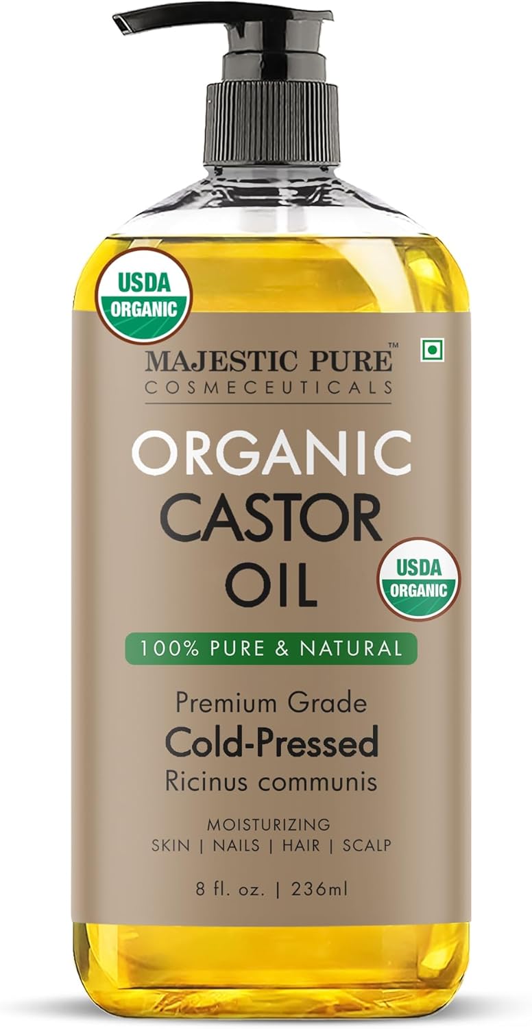 Majestic Pure USDA Organic Castor Oil | Hexane Free & 100% Pure | Cold Pressed | Stimulate Growth for Hair, Eyelashes, Eyebrows, Nails | Moisturizing & Nourishing | Body, Hair & Carrier Oil | 8 Fl Oz