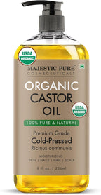 Majestic Pure USDA Organic Castor Oil | Hexane Free & 100% Pure | Cold Pressed | Stimulate Growth for Hair, Eyelashes, Eyebrows, Nails | Moisturizing & Nourishing | Body, Hair & Carrier Oil | 8 Fl Oz