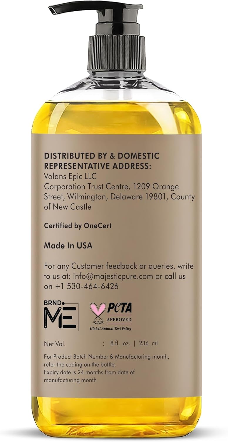 Majestic Pure USDA Organic Castor Oil | Hexane Free & 100% Pure | Cold Pressed | Stimulate Growth for Hair, Eyelashes, Eyebrows, Nails | Moisturizing & Nourishing | Body, Hair & Carrier Oil | 8 Fl Oz
