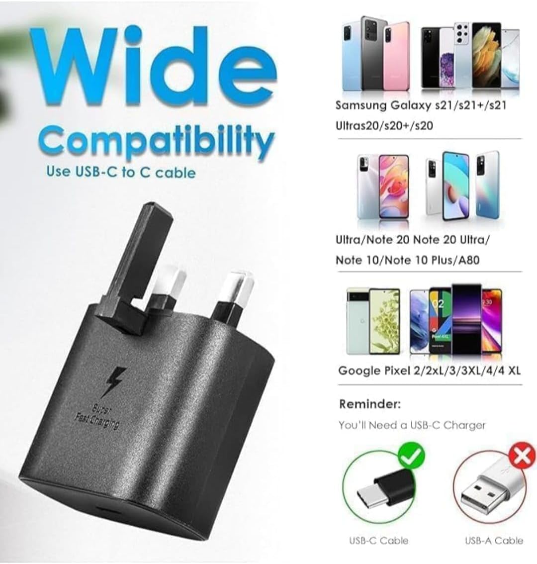 45W Fast Charger compatible with Galaxy S25 S24 S23 S22 S21 Ultra, USB-C Charger Head with 1M Type-C Cable, UK Plug, Black