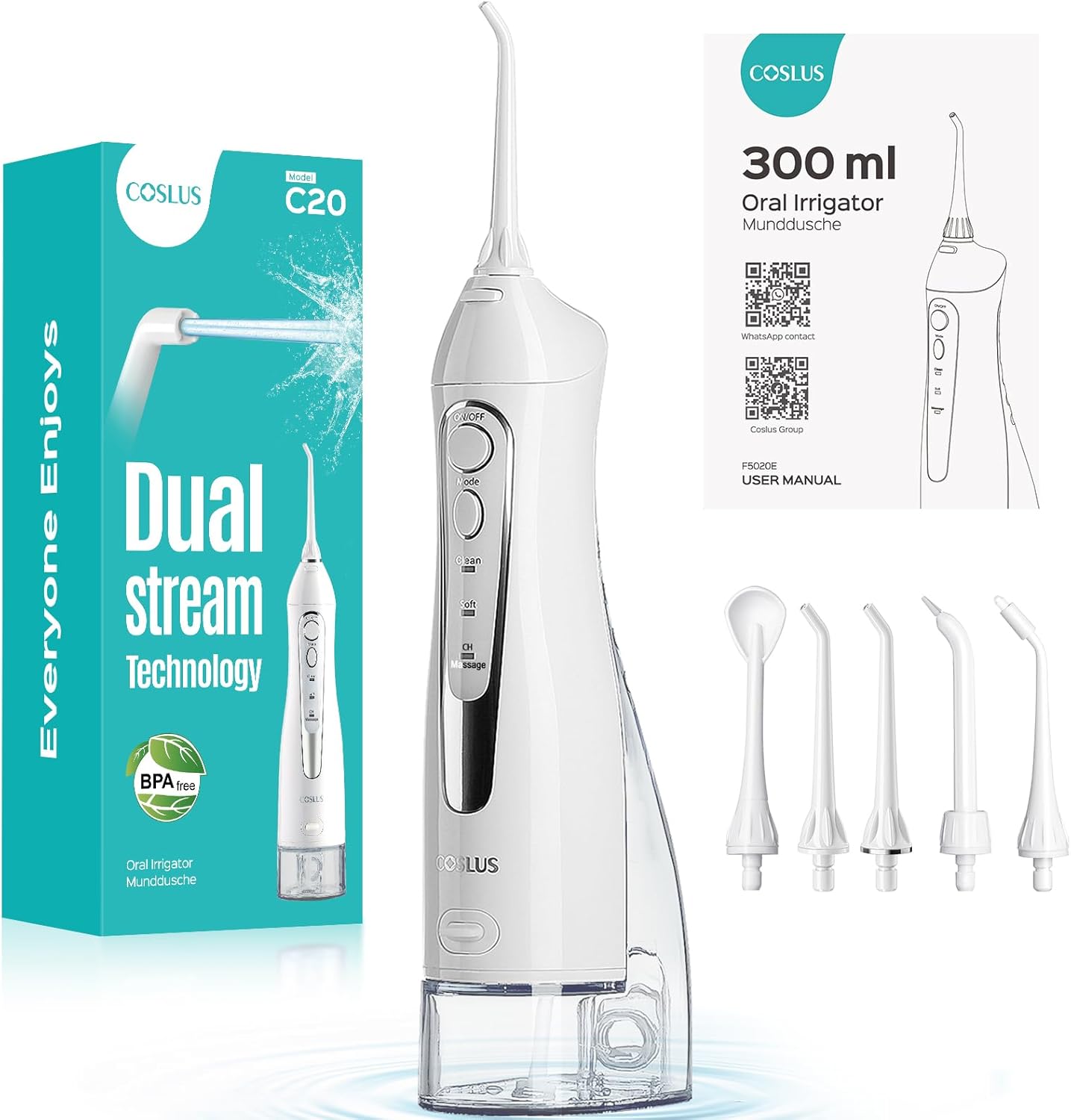 COSLUS Professional C20 Water Flosser For Teeth Braces Gums Care, Cordless Oral Irrigator, Deep Cleaning, Rechargeable, Waterproof, BPA-Free, Portable, Home and Travel, White
