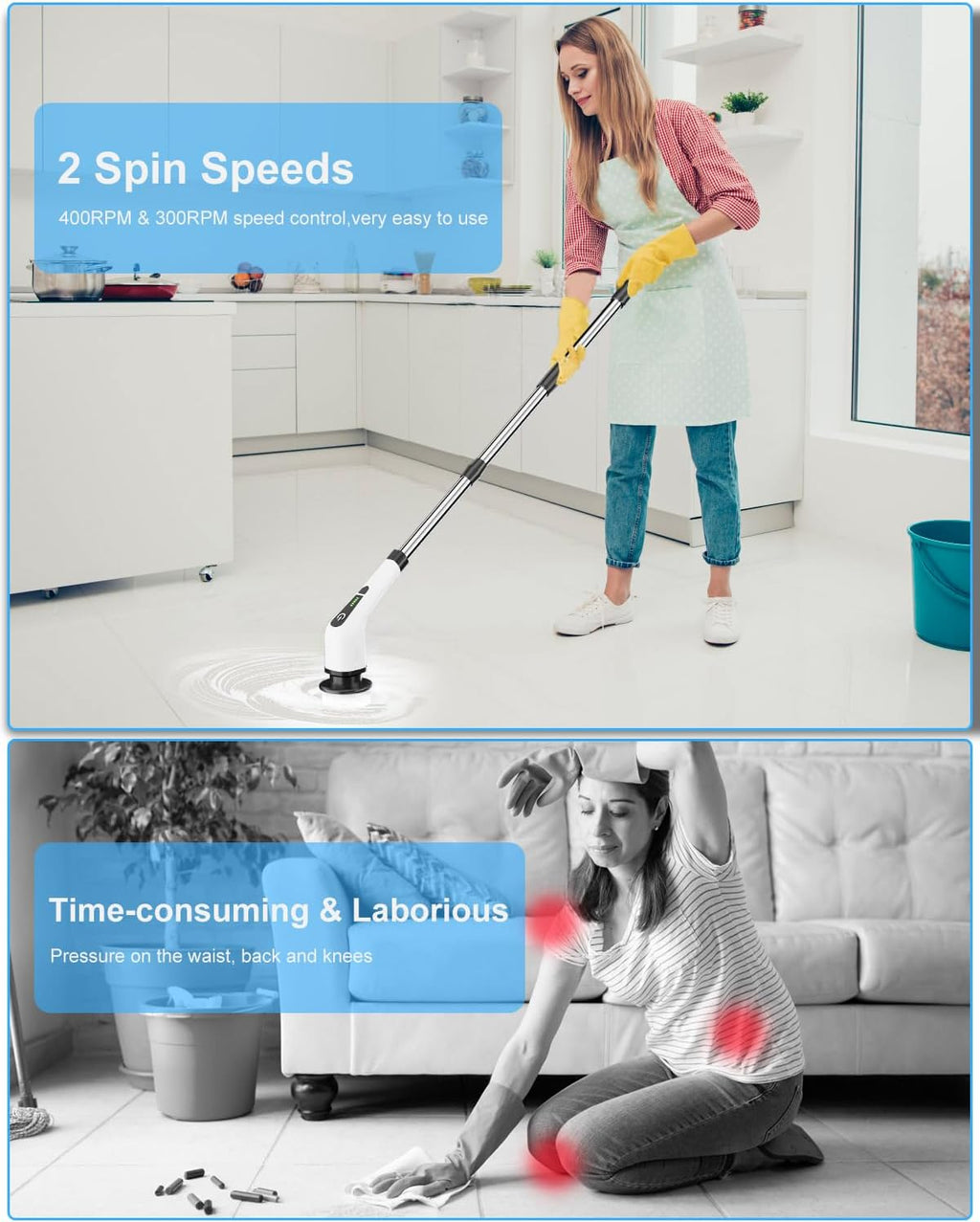 Leebein Electric Cleaning Brush, 2022 Spin Scrubber Cordless with 8 Interchangeable Drill Brush Heads, Tub and Floor Tile Mop Set with 137 cm Adjustable Handle for Bathroom Kitchen Car Floor (White)