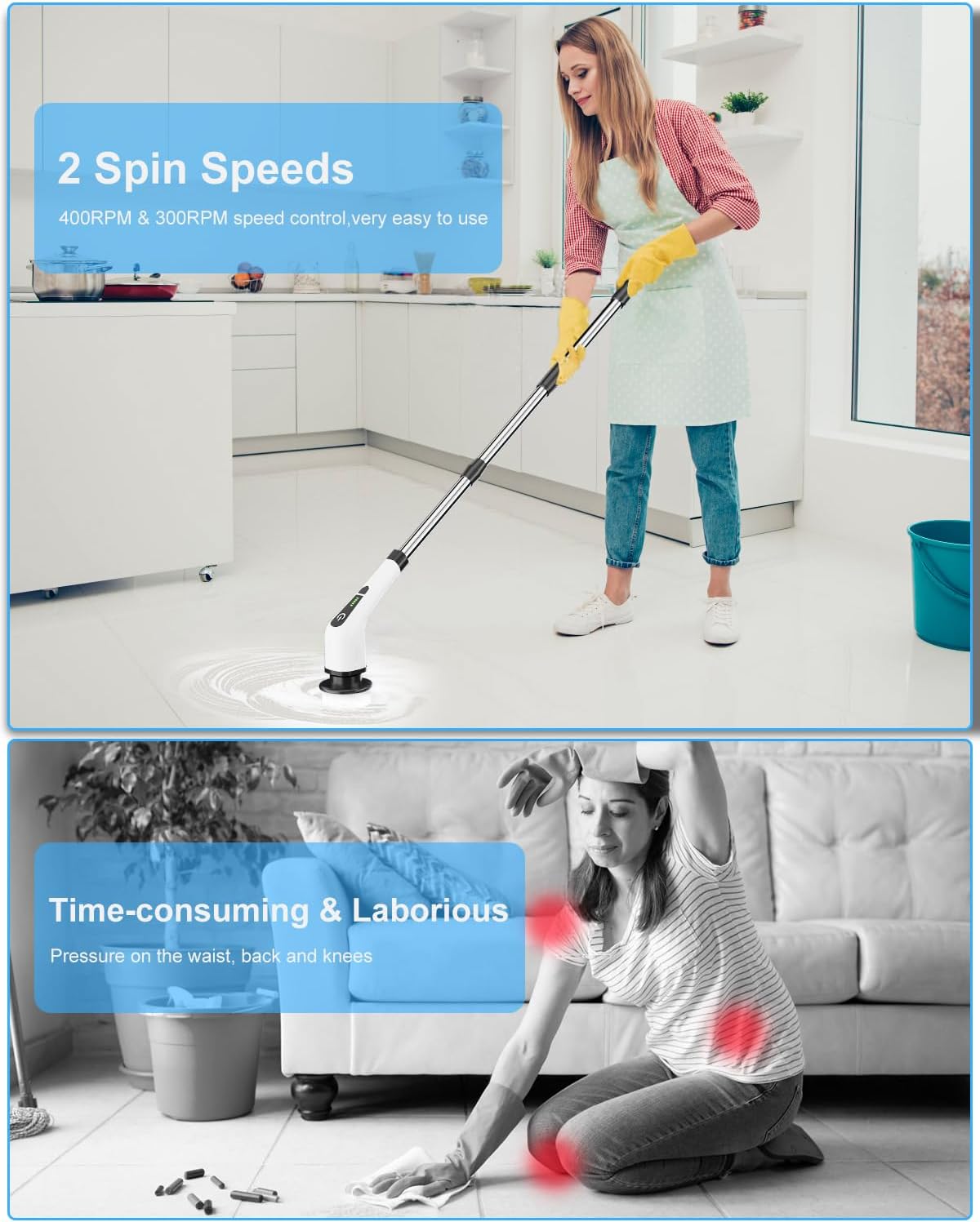 Leebein Electric Cleaning Brush, 2022 Spin Scrubber Cordless with 8 Interchangeable Drill Brush Heads, Tub and Floor Tile Mop Set with 137 cm Adjustable Handle for Bathroom Kitchen Car Floor (White)