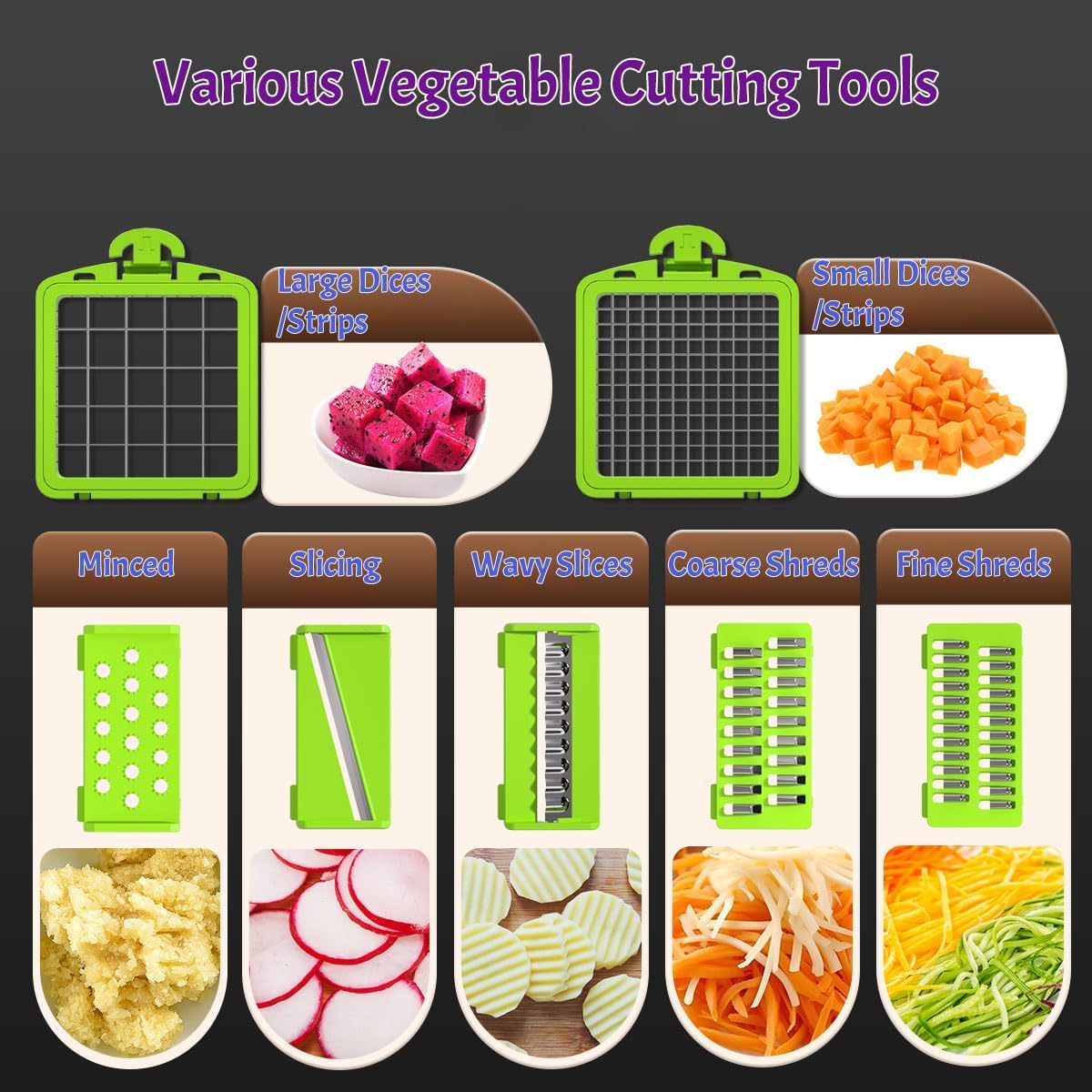 Vegetable Chopper, Onion Chopper, Mandolin Slicer,rofessional food Choppermultifunctional Vegetable Chopper and Slicer, Dicing Machine, AdjustableVegetable Cutter With Container(Green)