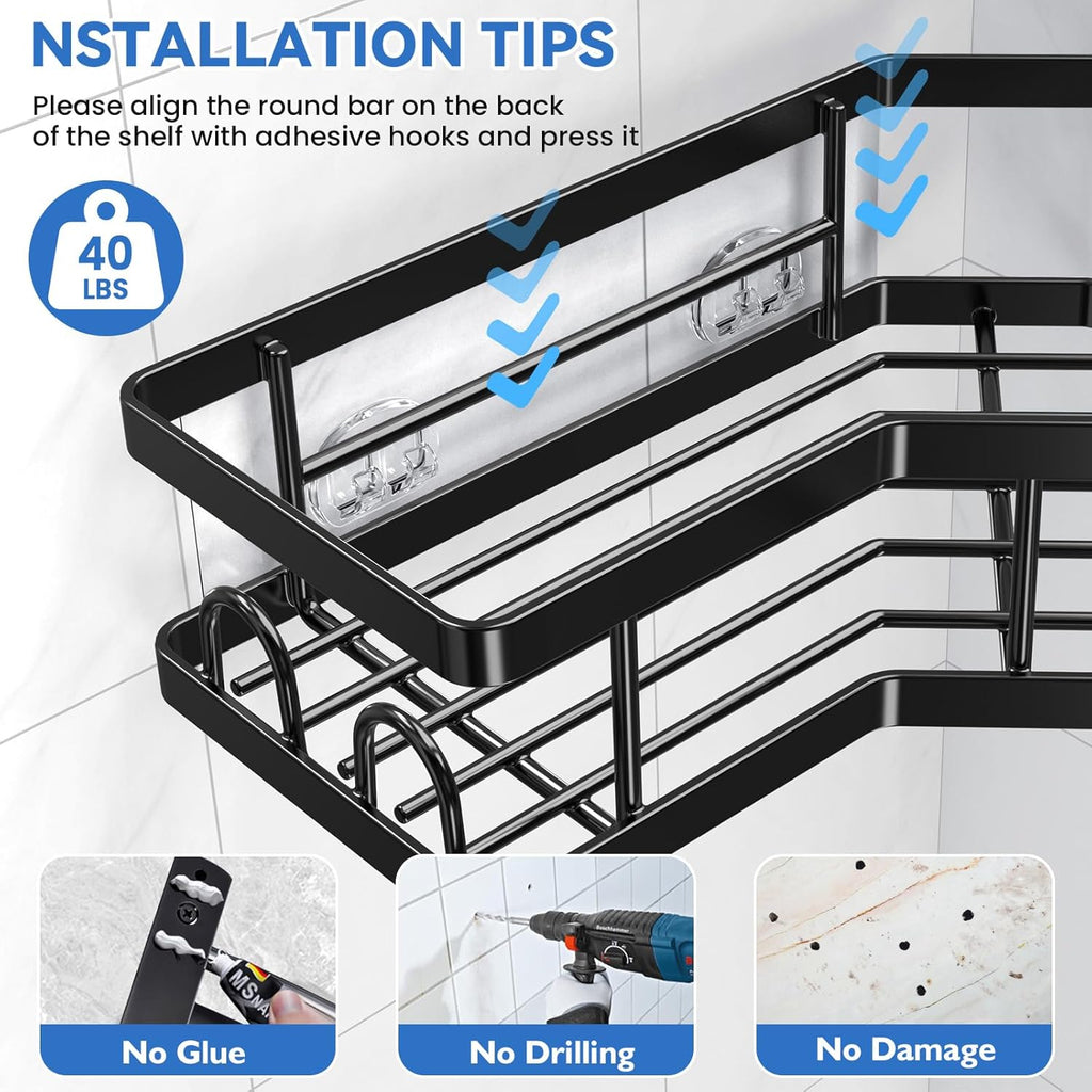 PKBD Corner Shower Caddy 3 Pack,Bathroom Storage No Drilling,shower storage with Soap Holder&Hooks&Toothpaste Holders,Bathroom or Kitchen,Rustproof Stainless Steel suction bathroom accessories,Black