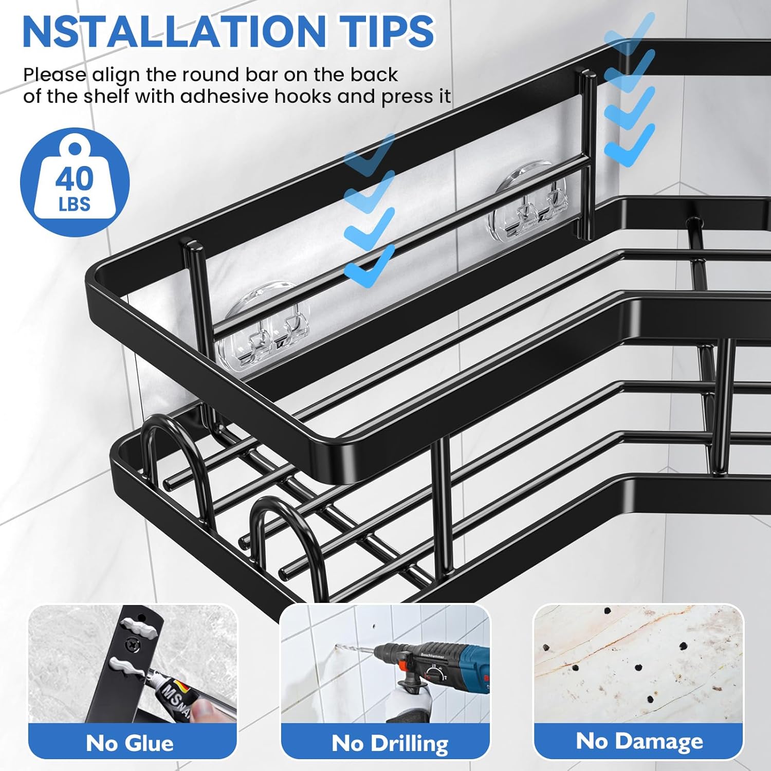 PKBD Corner Shower Caddy 3 Pack,Bathroom Storage No Drilling,shower storage with Soap Holder&Hooks&Toothpaste Holders,Bathroom or Kitchen,Rustproof Stainless Steel suction bathroom accessories,Black