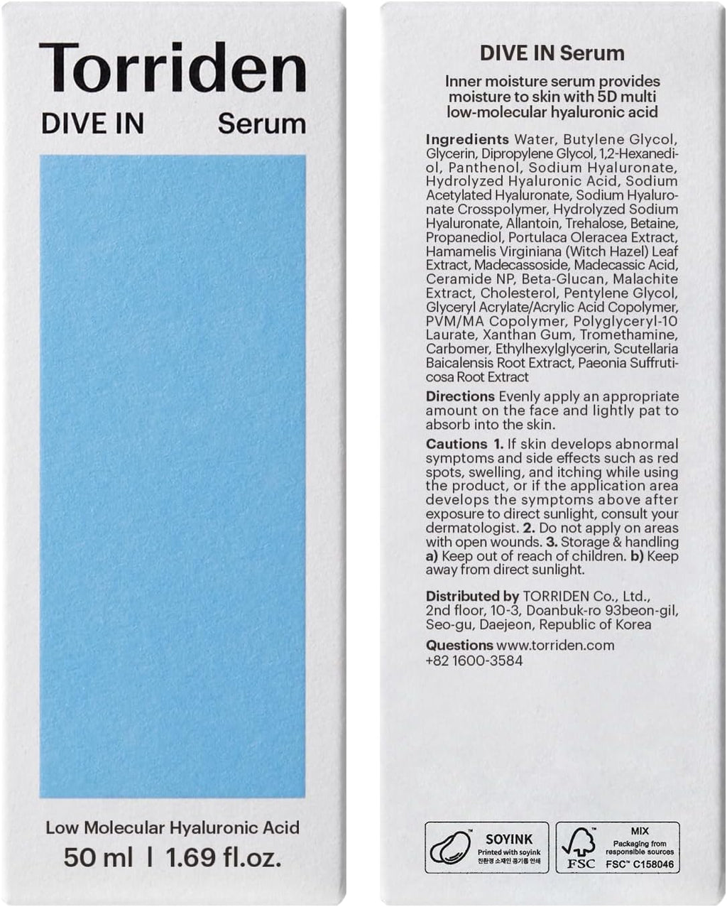 Torriden DIVE-IN Low-Molecular Hyaluronic Acid Serum, 1.69 fl oz | Fragrance-free Face Serum for Dry, Dehydrated, Oily Skin | Vegan, Clean, Cruelty-Free Korean Skin Care