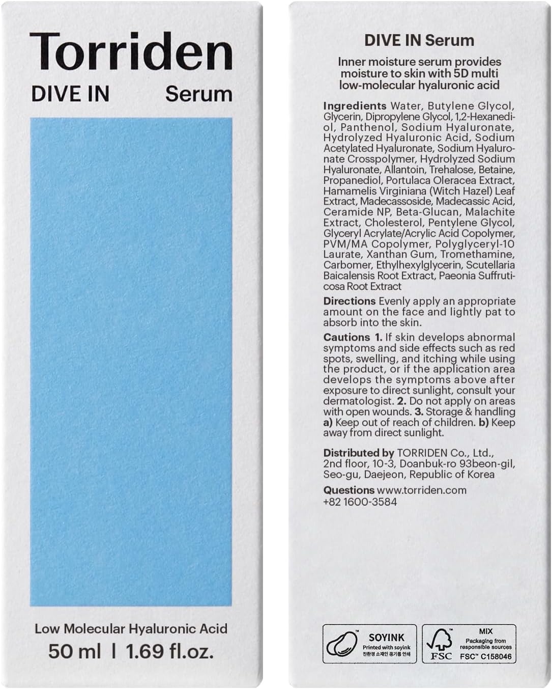 Torriden DIVE-IN Low-Molecular Hyaluronic Acid Serum, 1.69 fl oz | Fragrance-free Face Serum for Dry, Dehydrated, Oily Skin | Vegan, Clean, Cruelty-Free Korean Skin Care