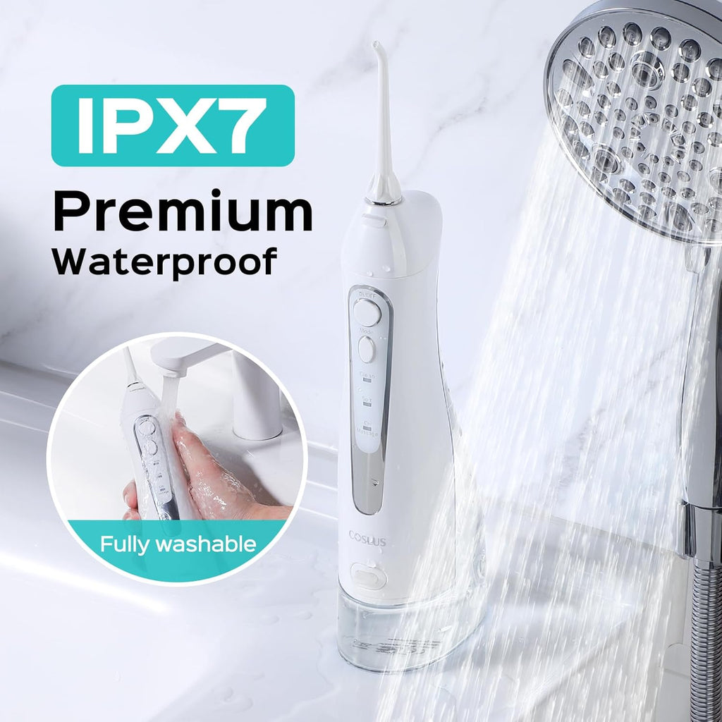 COSLUS Professional C20 Water Flosser For Teeth Braces Gums Care, Cordless Oral Irrigator, Deep Cleaning, Rechargeable, Waterproof, BPA-Free, Portable, Home and Travel, White