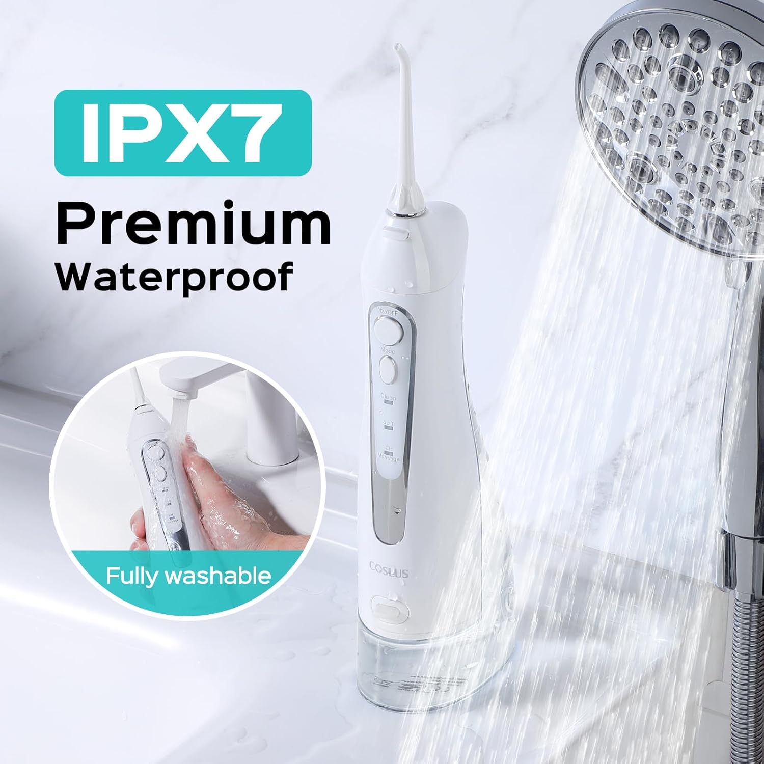 COSLUS Professional C20 Water Flosser For Teeth Braces Gums Care, Cordless Oral Irrigator, Deep Cleaning, Rechargeable, Waterproof, BPA-Free, Portable, Home and Travel, White