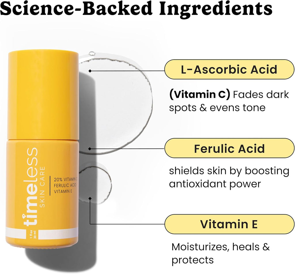 Timeless Skin Care Vitamin C Serum with Vitamin E & Ferulic Acid - Brightening Serum - for Oily & Dry Skin - Fragrance-Free - 1 oz