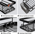 PKBD Corner Shower Caddy 3 Pack,Bathroom Storage No Drilling,shower storage with Soap Holder&Hooks&Toothpaste Holders,Bathroom or Kitchen,Rustproof Stainless Steel suction bathroom accessories,Black
