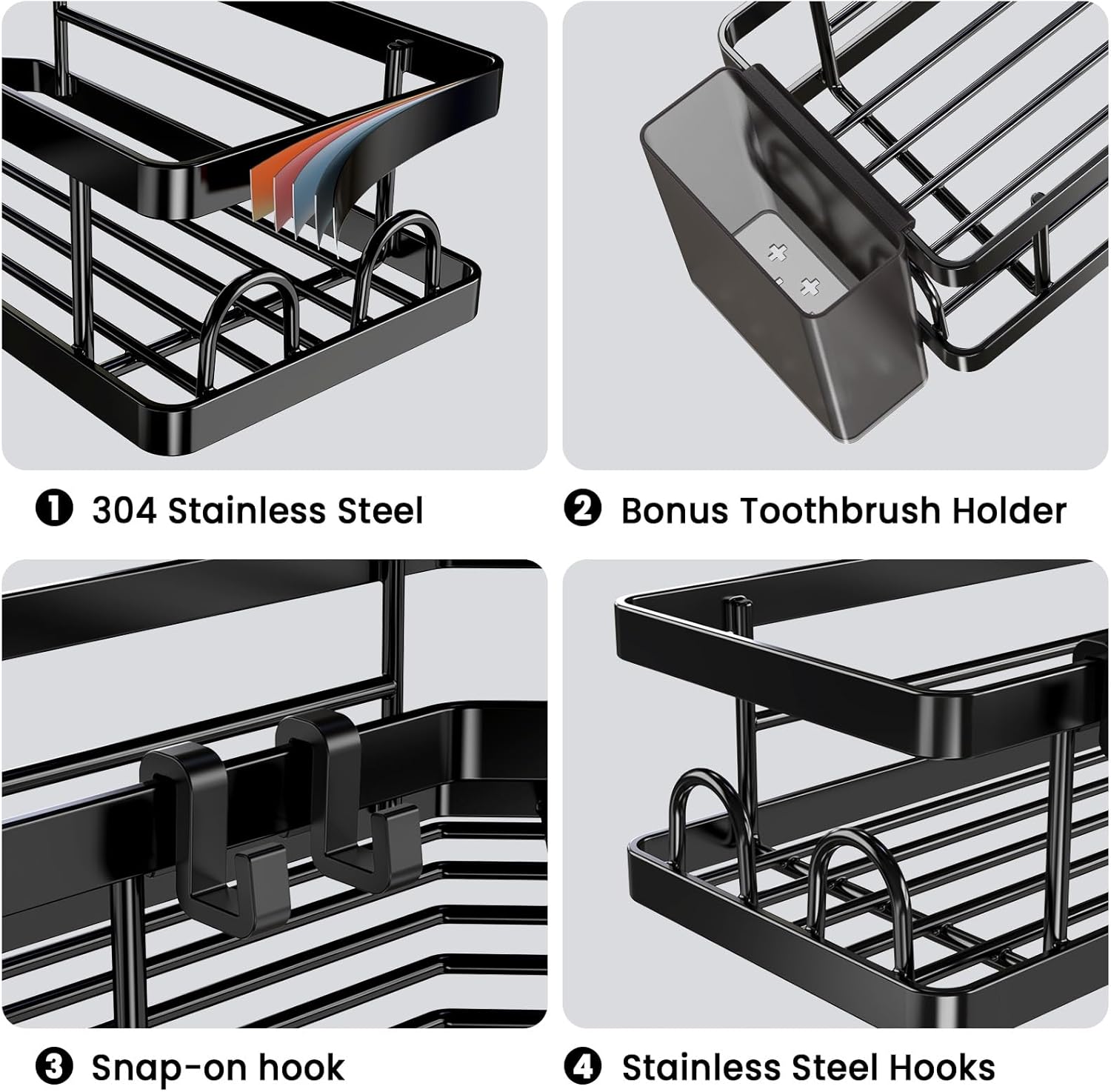PKBD Corner Shower Caddy 3 Pack,Bathroom Storage No Drilling,shower storage with Soap Holder&Hooks&Toothpaste Holders,Bathroom or Kitchen,Rustproof Stainless Steel suction bathroom accessories,Black