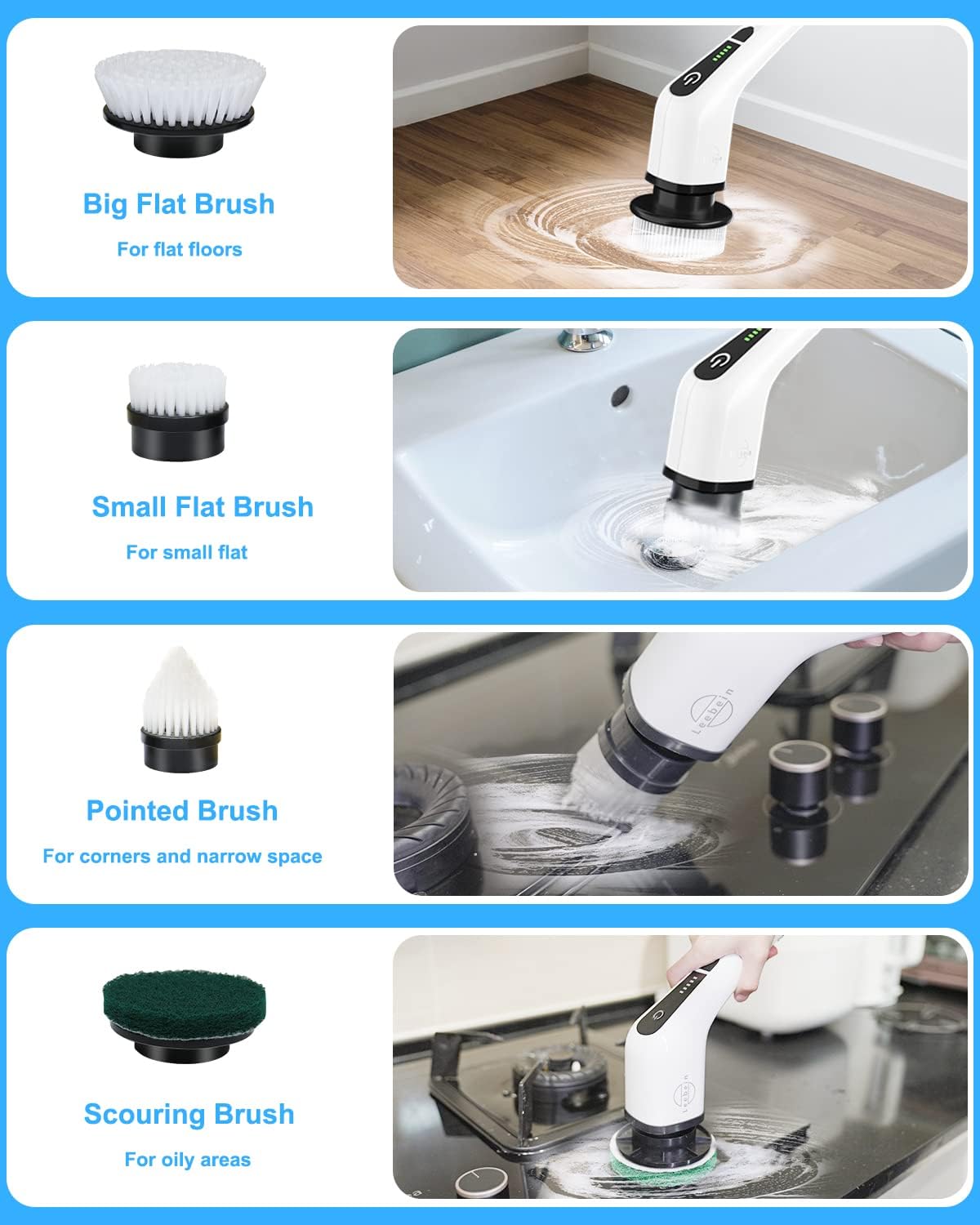 Leebein Electric Cleaning Brush, 2022 Spin Scrubber Cordless with 8 Interchangeable Drill Brush Heads, Tub and Floor Tile Mop Set with 137 cm Adjustable Handle for Bathroom Kitchen Car Floor (White)
