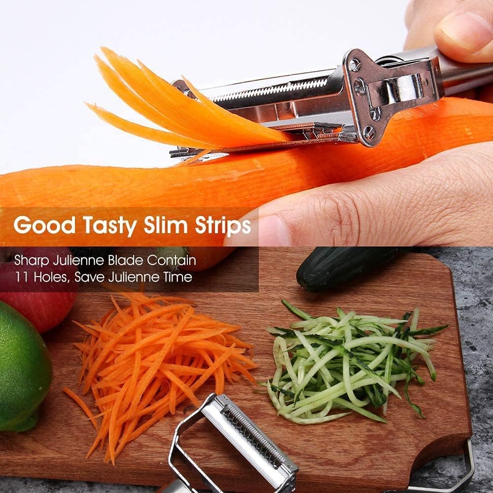 Stainless Steel 2 in 1 Julienne Vegetable Peeler Multi-Functional Fruit Vegetable Shredder Slicer Double Planing Cutter Potato Cucumber Carrot Melon Grater (Silver, 18 x 8.2 x 2.4 cm)