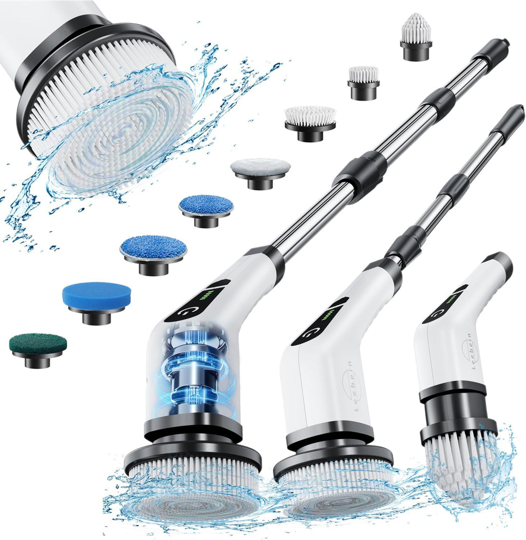 Leebein Electric Cleaning Brush, 2022 Spin Scrubber Cordless with 8 Interchangeable Drill Brush Heads, Tub and Floor Tile Mop Set with 137 cm Adjustable Handle for Bathroom Kitchen Car Floor (White)