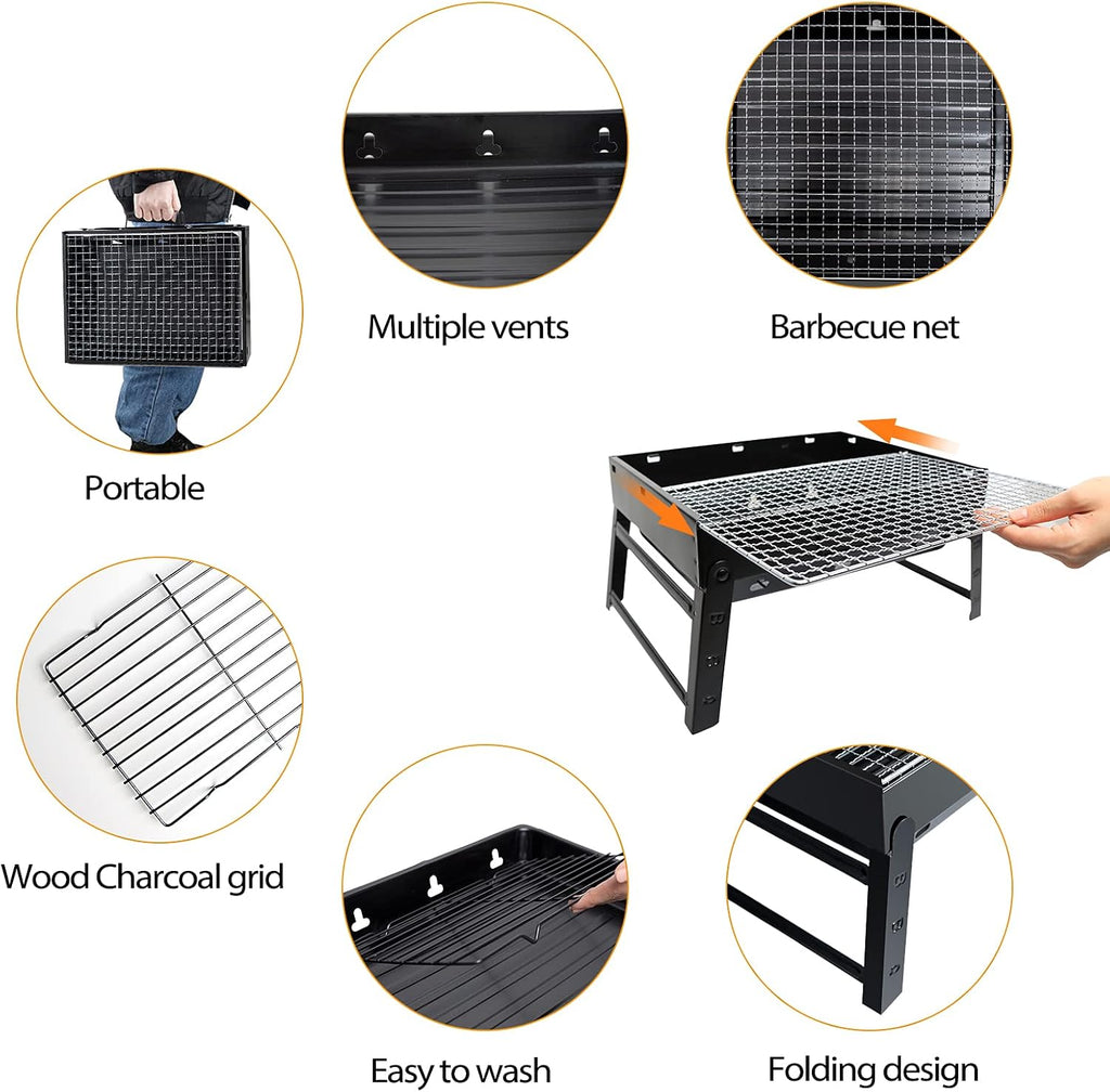 Kizmyee BBQ Barbeque Grill Outdoor, Portable Folding Charcoal Barbecue Desk Tabletop Stainless Steel Smoker for Picnic Garden Terrace Camping Travel 15.35''x11.41''x2.95''