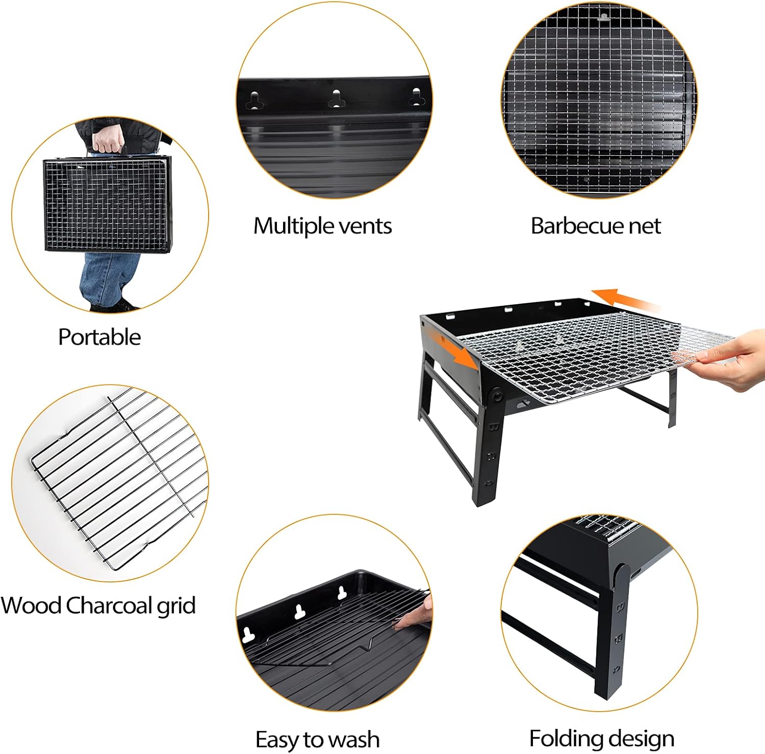 Kizmyee BBQ Barbeque Grill Outdoor, Portable Folding Charcoal Barbecue Desk Tabletop Stainless Steel Smoker for Picnic Garden Terrace Camping Travel 15.35''x11.41''x2.95''