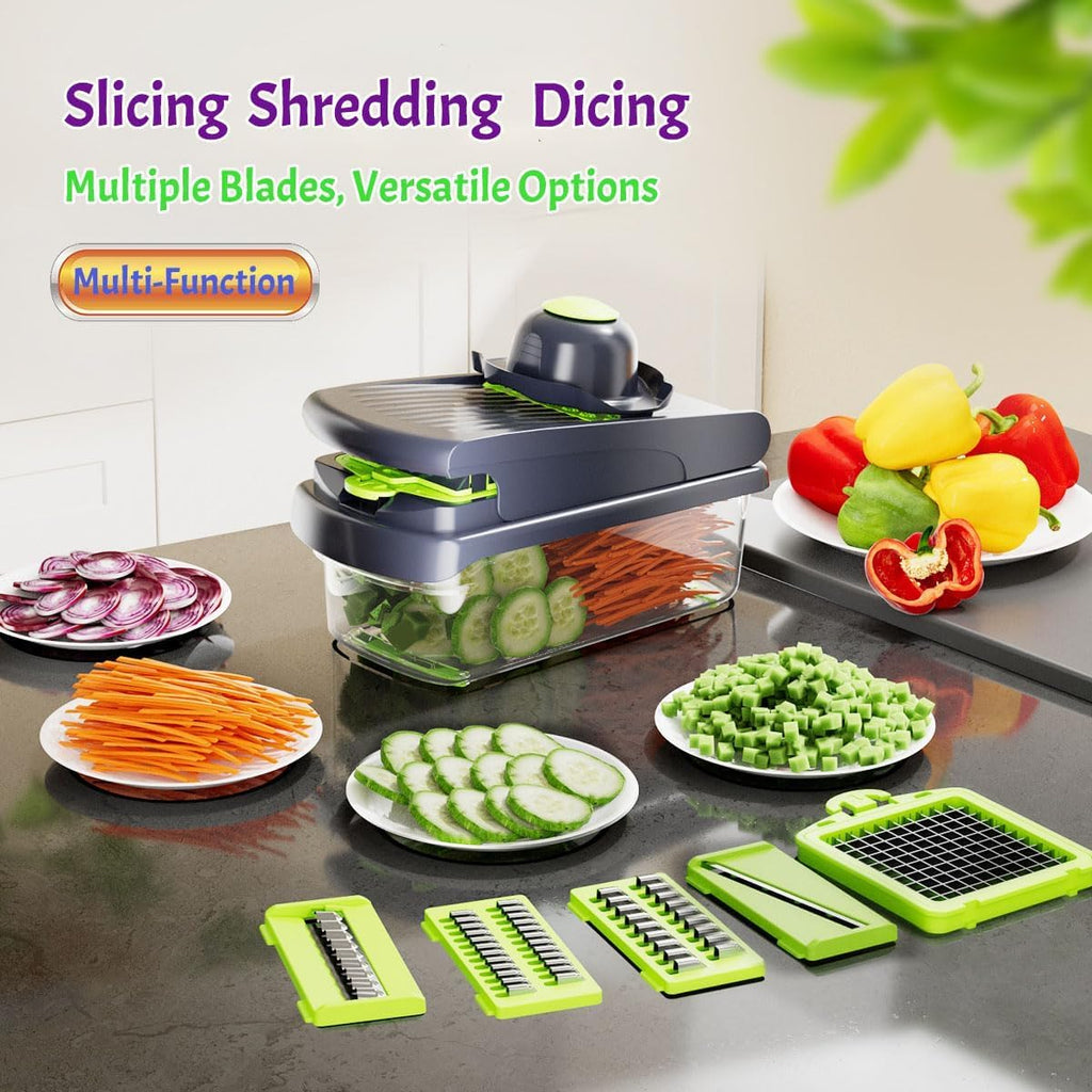 Vegetable Chopper, Onion Chopper, Mandolin Slicer,rofessional food Choppermultifunctional Vegetable Chopper and Slicer, Dicing Machine, AdjustableVegetable Cutter With Container(Green)