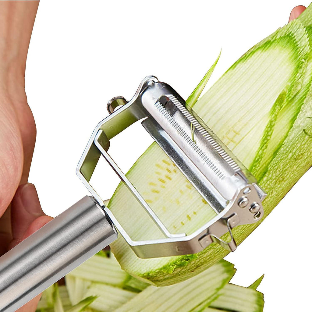 Stainless Steel 2 in 1 Julienne Vegetable Peeler Multi-Functional Fruit Vegetable Shredder Slicer Double Planing Cutter Potato Cucumber Carrot Melon Grater (Silver, 18 x 8.2 x 2.4 cm)