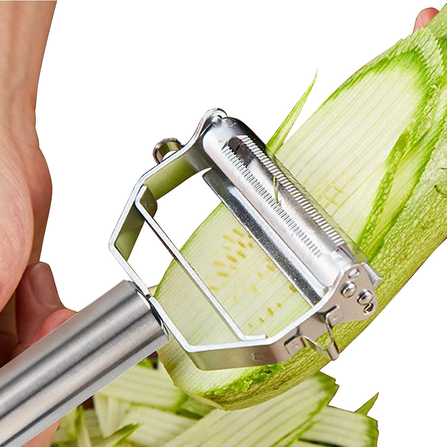 Stainless Steel 2 in 1 Julienne Vegetable Peeler Multi-Functional Fruit Vegetable Shredder Slicer Double Planing Cutter Potato Cucumber Carrot Melon Grater (Silver, 18 x 8.2 x 2.4 cm)