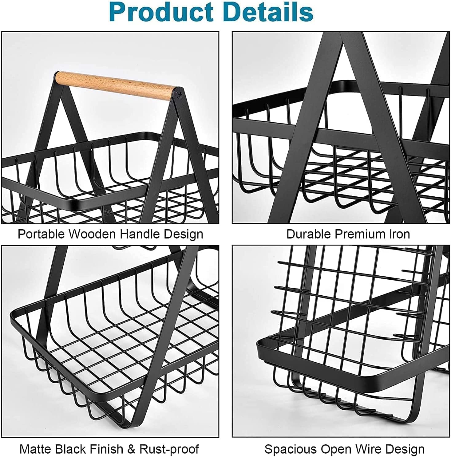ECVV 3-Layer Countertop Fruit Storage Basket, Vegetable Rack Bread Display Stand for Kitchen, Black