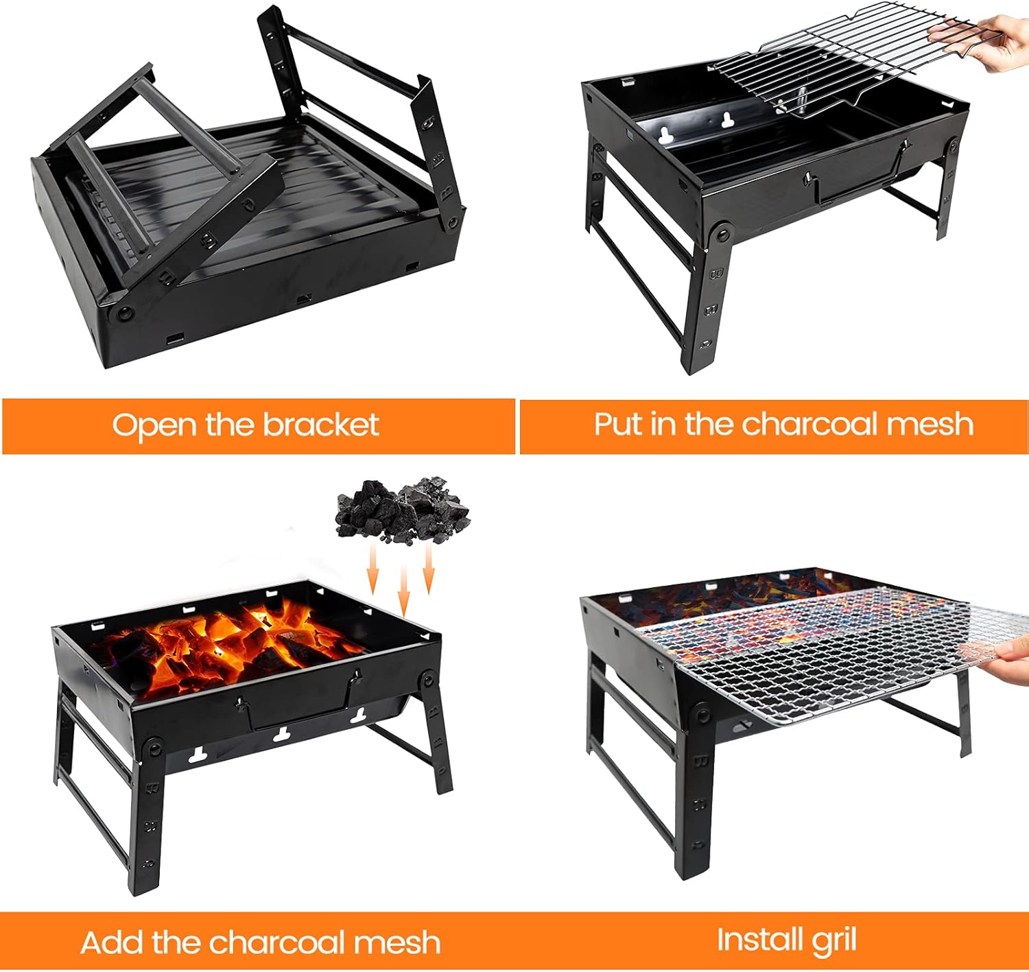 Kizmyee BBQ Barbeque Grill Outdoor, Portable Folding Charcoal Barbecue Desk Tabletop Stainless Steel Smoker for Picnic Garden Terrace Camping Travel 15.35''x11.41''x2.95''