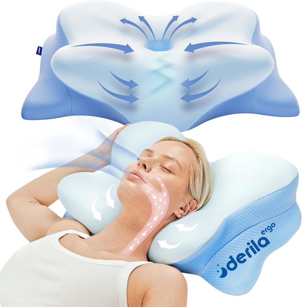 Derila Ergo Neck Pillow, Memory Foam Support Ergonomic Pillow For Sides, Back And Stomach Sleepers