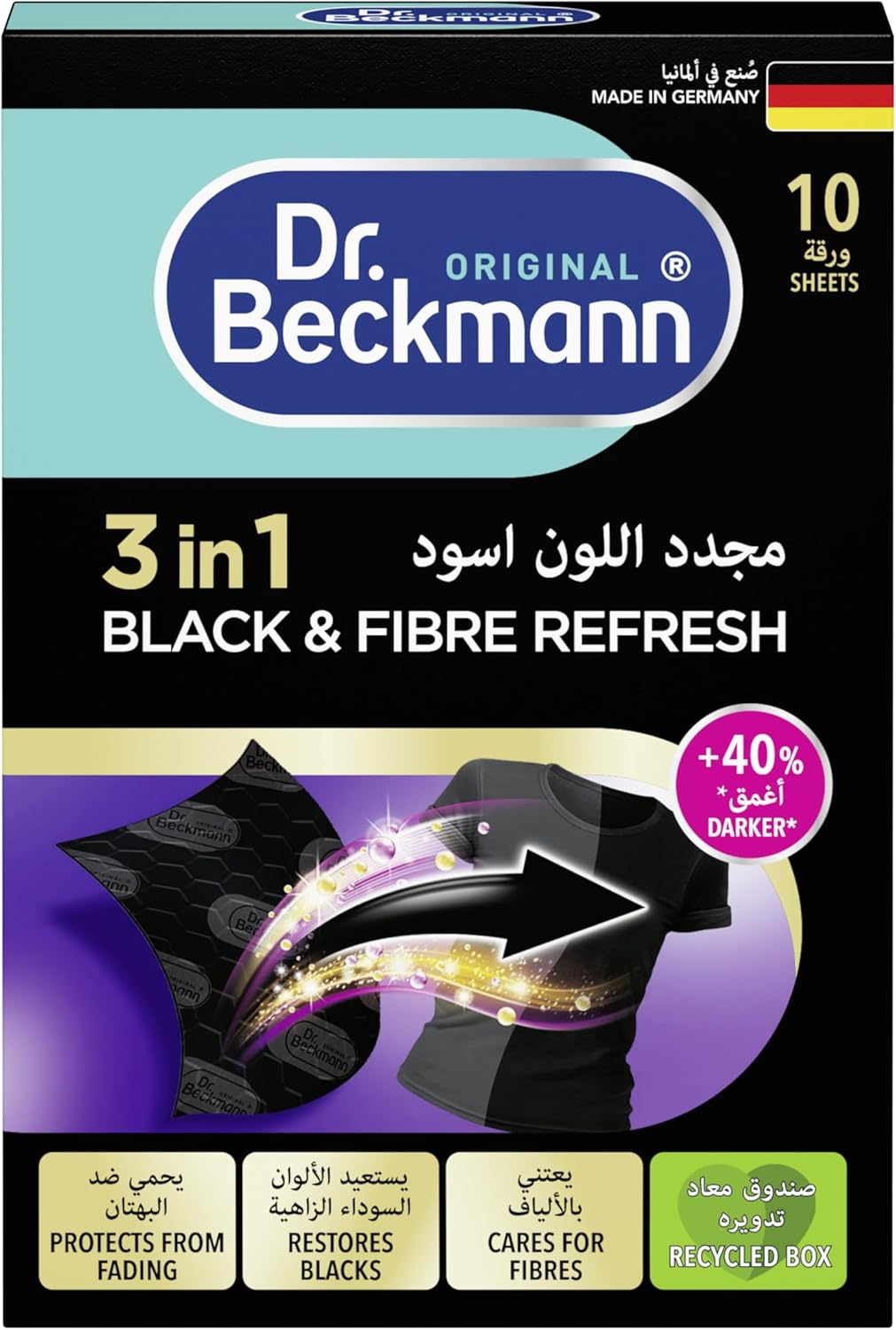 Dr.beckmann Dr. Beckmann 3 in 1 Black&Fibre refresh Sheets, Restores and protects faded black garments, Smoothens rough fibres, Easy to use, DIY, Laundry Cleaning Essentials, 10 Sheet