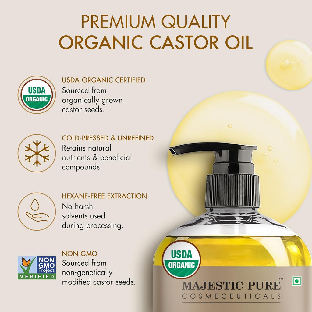 Majestic Pure USDA Organic Castor Oil | Hexane Free & 100% Pure | Cold Pressed | Stimulate Growth for Hair, Eyelashes, Eyebrows, Nails | Moisturizing & Nourishing | Body, Hair & Carrier Oil | 8 Fl Oz