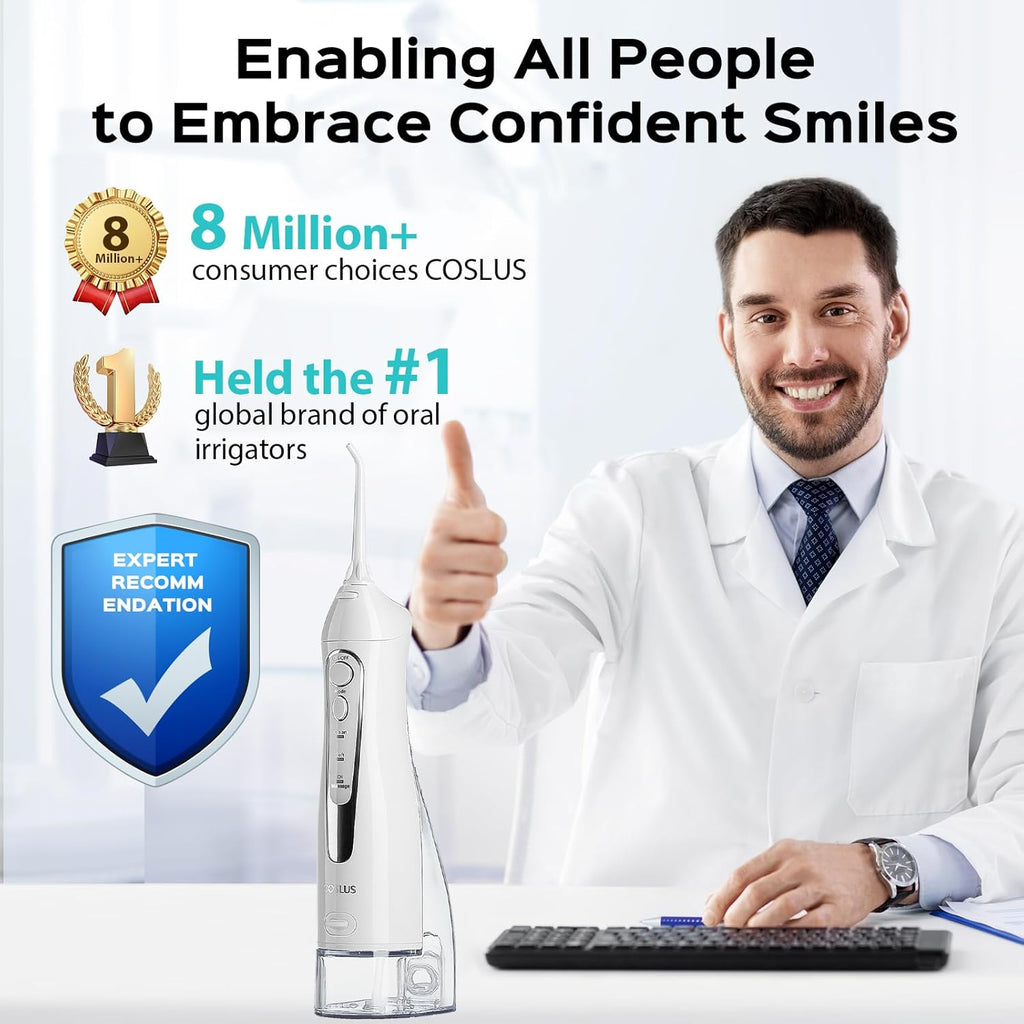 COSLUS Professional C20 Water Flosser For Teeth Braces Gums Care, Cordless Oral Irrigator, Deep Cleaning, Rechargeable, Waterproof, BPA-Free, Portable, Home and Travel, White