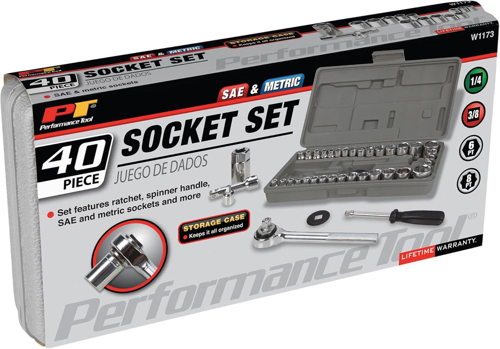 PERFORMANCE TOOL W1173 Sae/Metric 40-Piece Socket Set (1/4" & 3/8" Drive), Silver