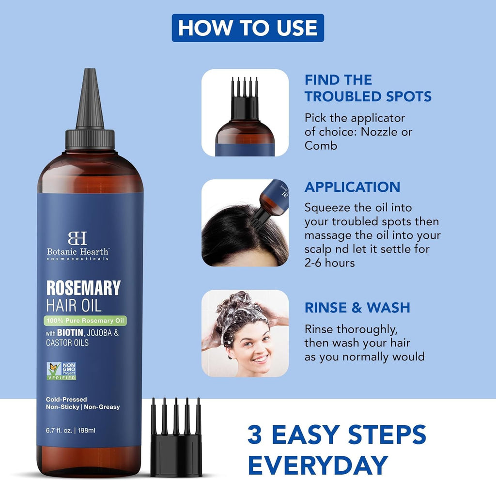 Botanic Hearth 100% Pure Rosemary Oil For Hair Growth | 198 ML | Infused With Biotin, Jojoba & castor Oil | Hair strengthening Treatment | Nourishing & Volumizing | Non GMO Verified