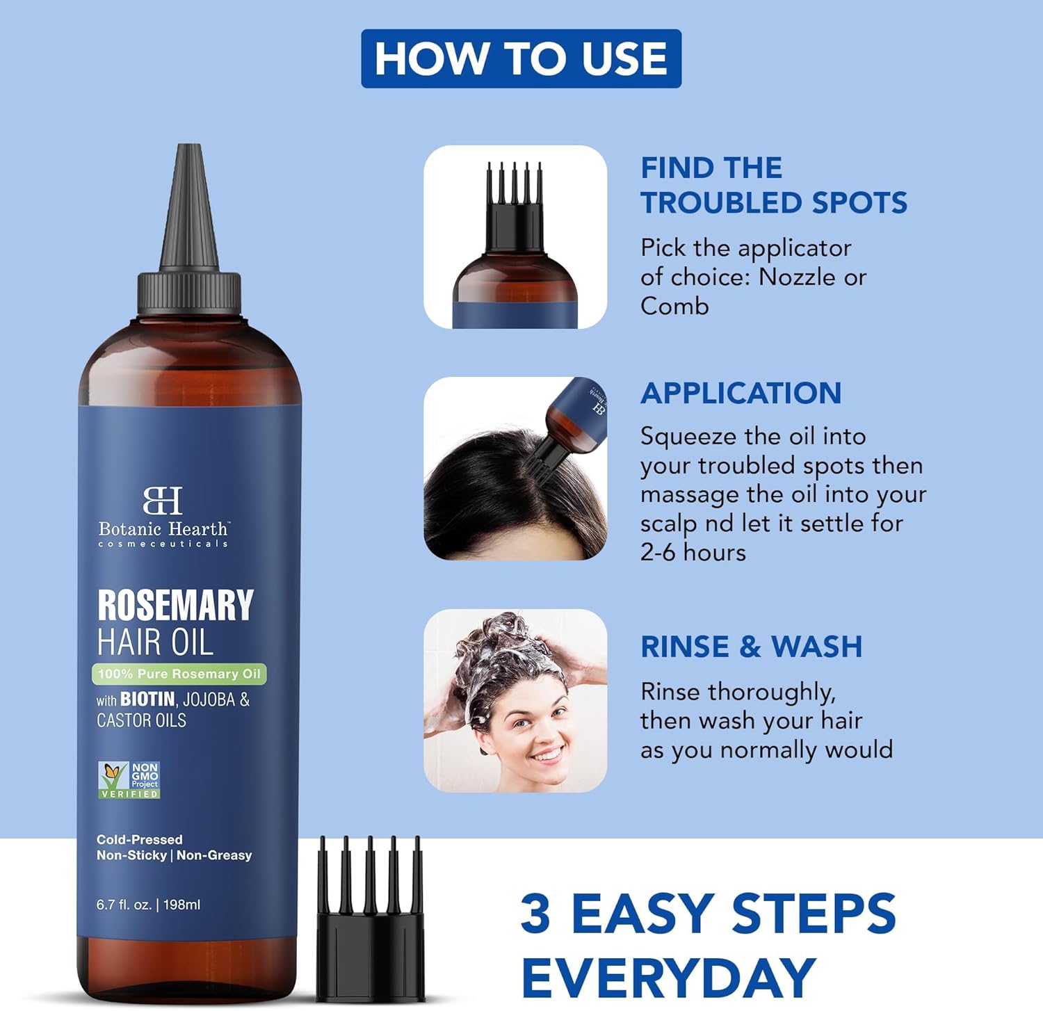 Botanic Hearth 100% Pure Rosemary Oil For Hair Growth | 198 ML | Infused With Biotin, Jojoba & castor Oil | Hair strengthening Treatment | Nourishing & Volumizing | Non GMO Verified