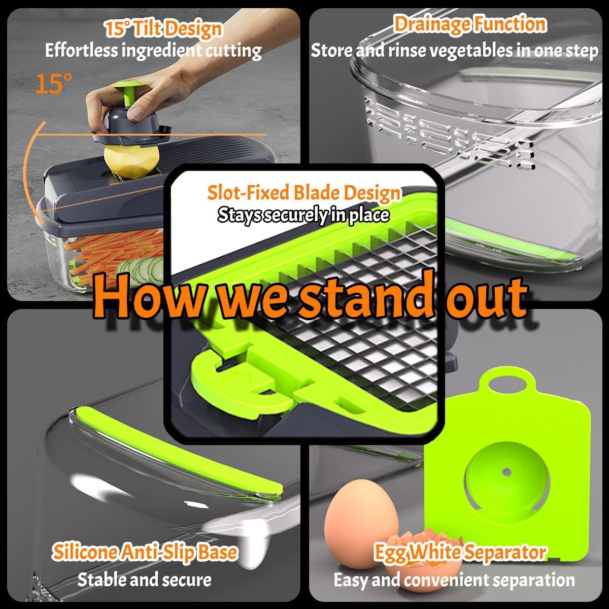 Vegetable Chopper, Onion Chopper, Mandolin Slicer,rofessional food Choppermultifunctional Vegetable Chopper and Slicer, Dicing Machine, AdjustableVegetable Cutter With Container(Green)