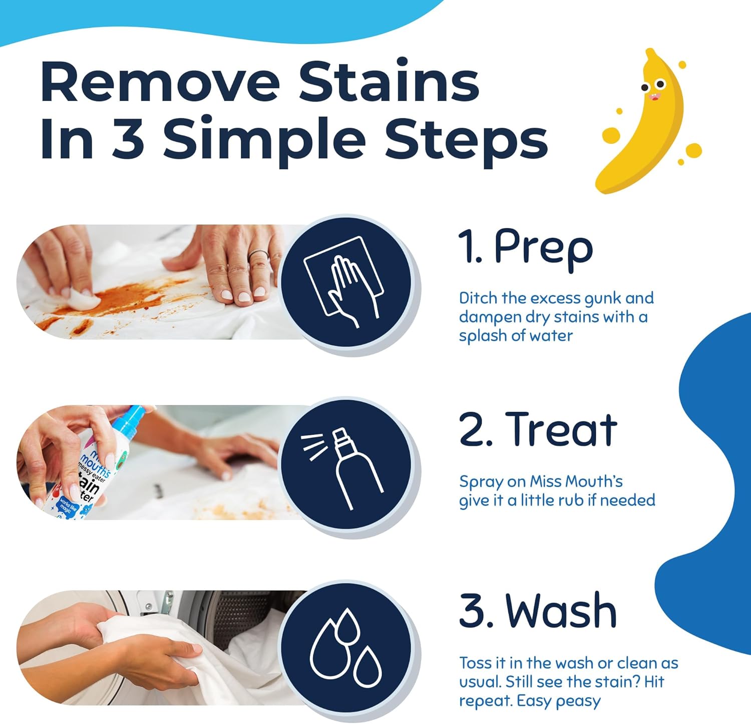 Miss Mouth's Messy Eater Stain Treater Spray - 4oz 3 Pack Stain Remover - Newborn & Baby Essentials - No Dry Cleaning Food, Grease, Coffee Off Laundry, Underwear, Fabric