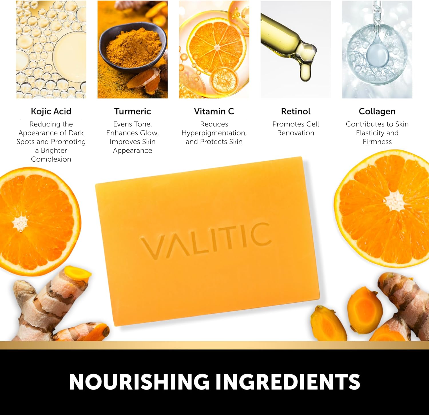 VALITIC 2 Pack Kojic Acid Vitamin C & Retinol Soap Bars for Dark Spot Bundle with 2 Black Exfoliating Gloves for Body Scrubs