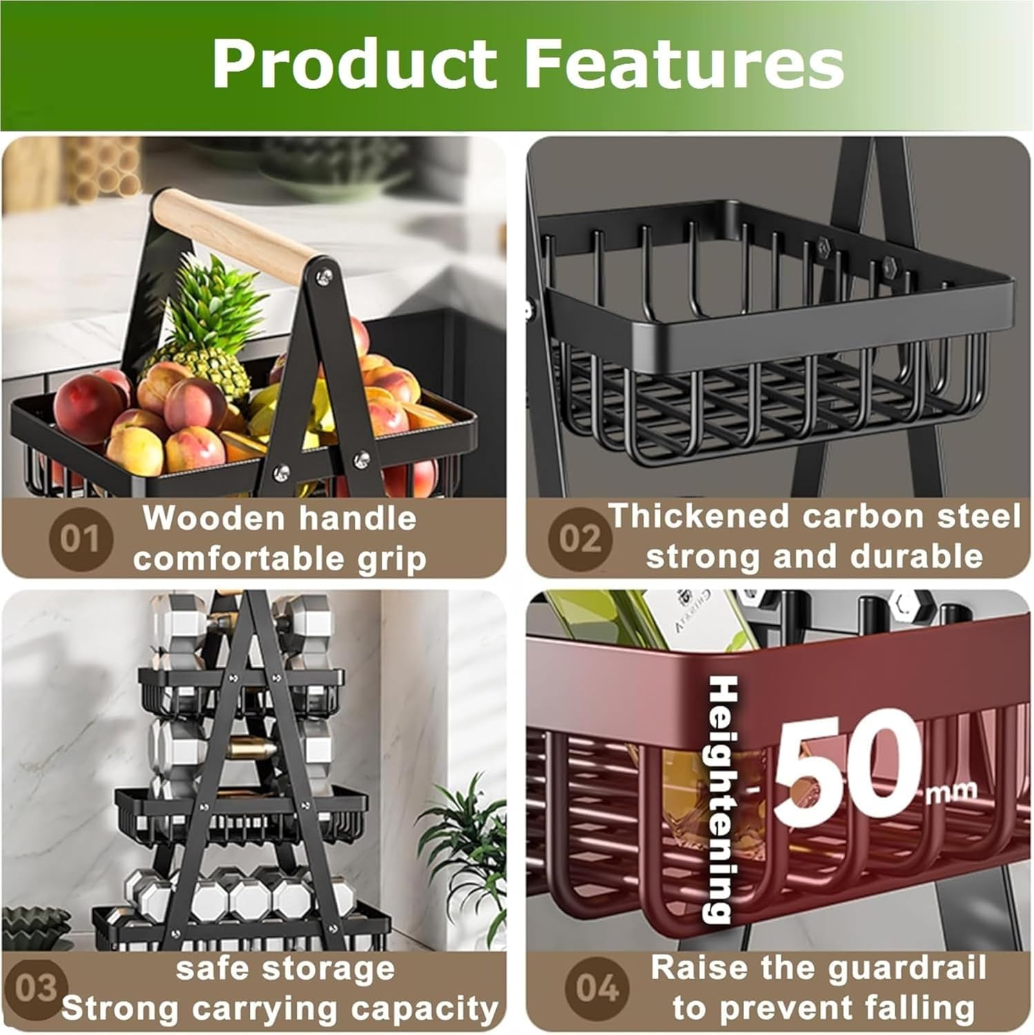 ECVV 3-Layer Countertop Fruit Storage Basket, Vegetable Rack Bread Display Stand for Kitchen, Black