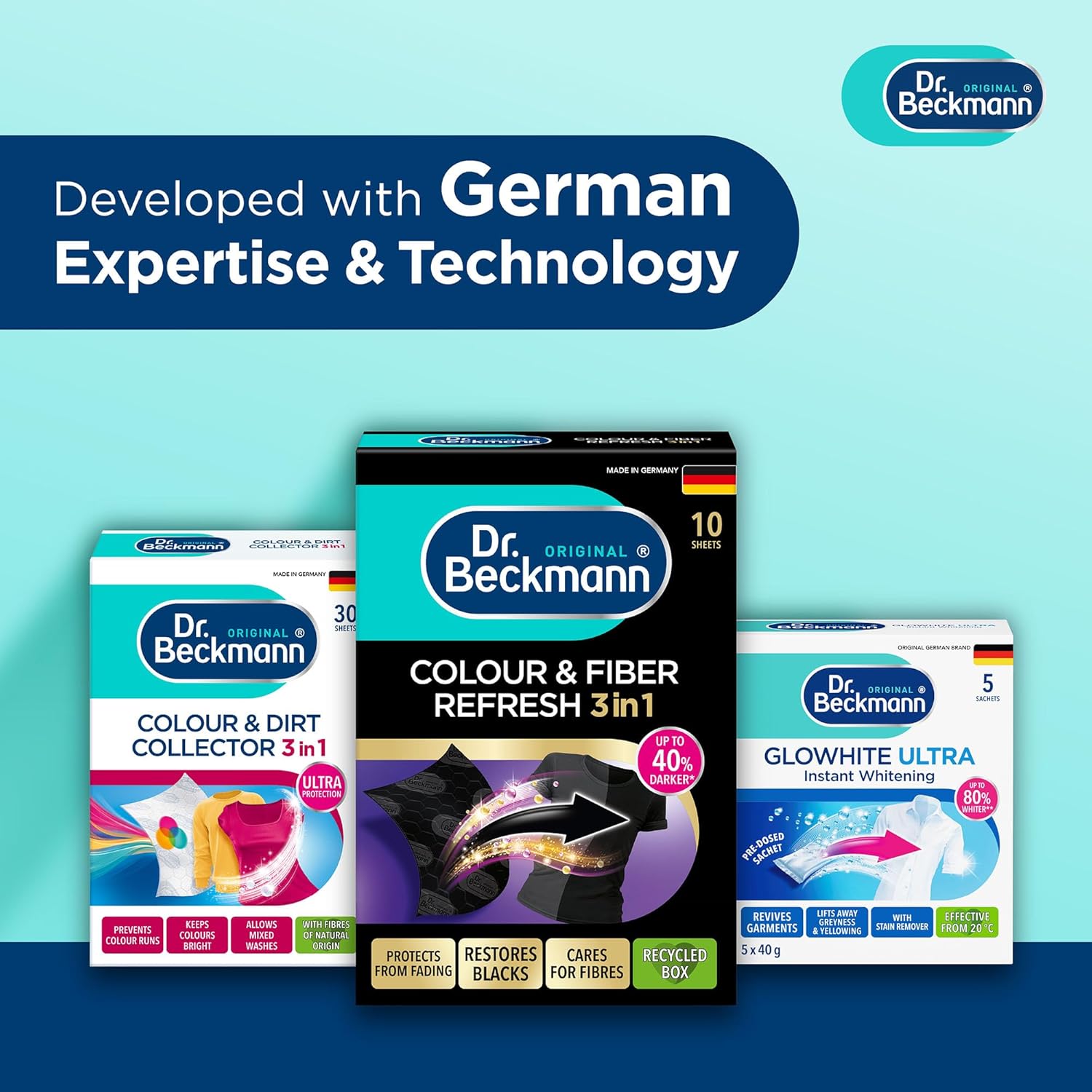 Dr.beckmann Dr. Beckmann 3 in 1 Black&Fibre refresh Sheets, Restores and protects faded black garments, Smoothens rough fibres, Easy to use, DIY, Laundry Cleaning Essentials, 10 Sheet