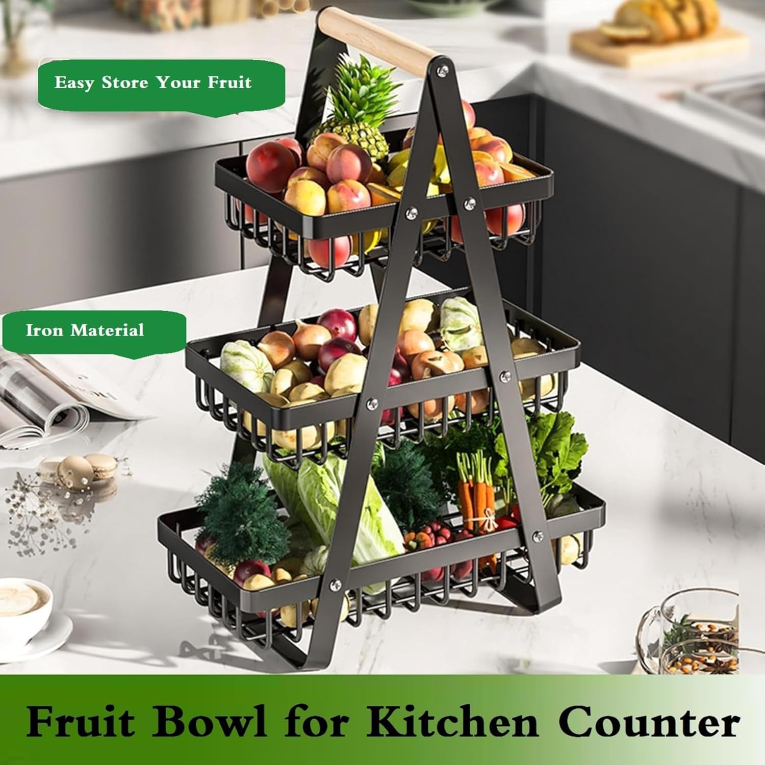 ECVV 3-Layer Countertop Fruit Storage Basket, Vegetable Rack Bread Display Stand for Kitchen, Black