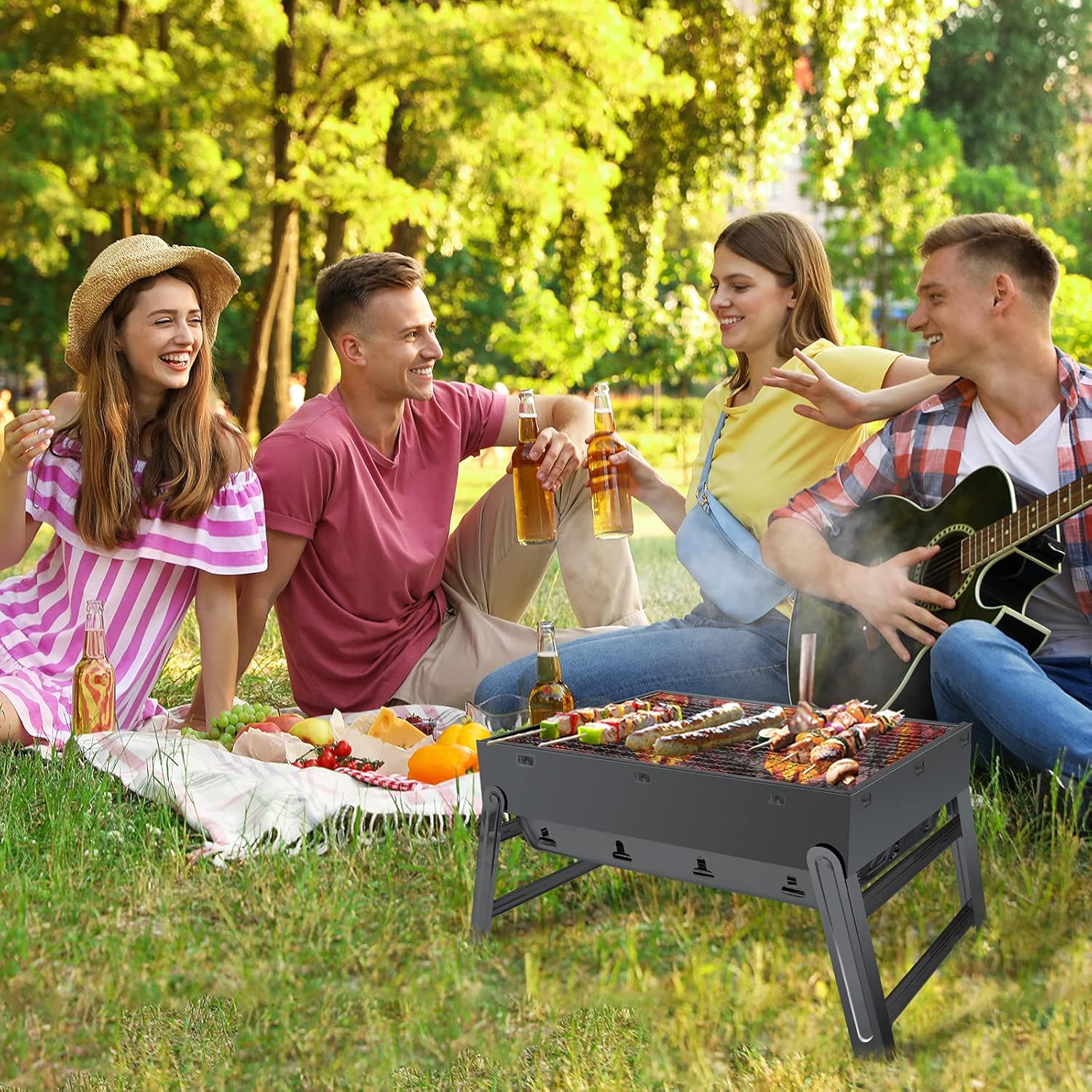 Kizmyee BBQ Barbeque Grill Outdoor, Portable Folding Charcoal Barbecue Desk Tabletop Stainless Steel Smoker for Picnic Garden Terrace Camping Travel 15.35''x11.41''x2.95''