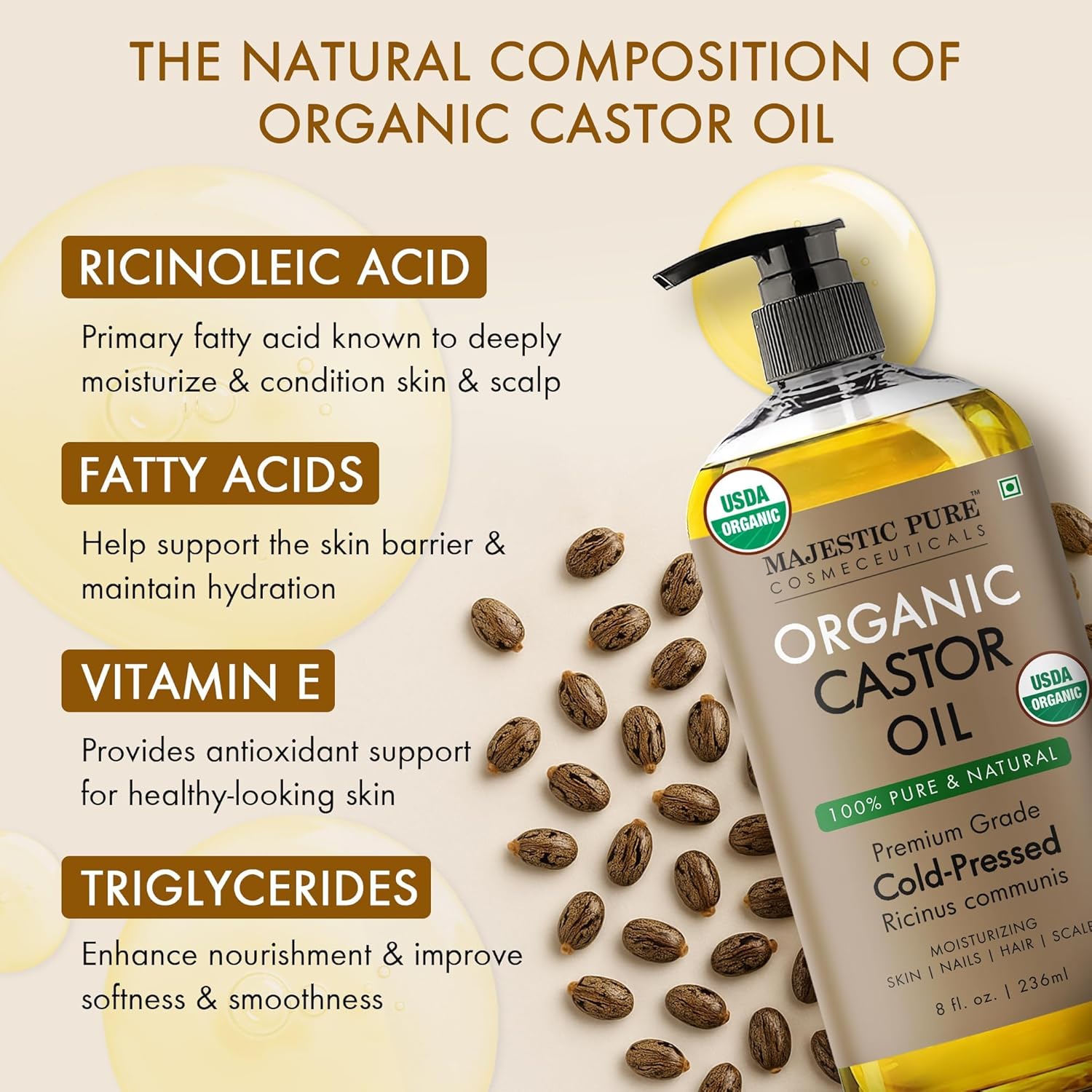 Majestic Pure USDA Organic Castor Oil | Hexane Free & 100% Pure | Cold Pressed | Stimulate Growth for Hair, Eyelashes, Eyebrows, Nails | Moisturizing & Nourishing | Body, Hair & Carrier Oil | 8 Fl Oz
