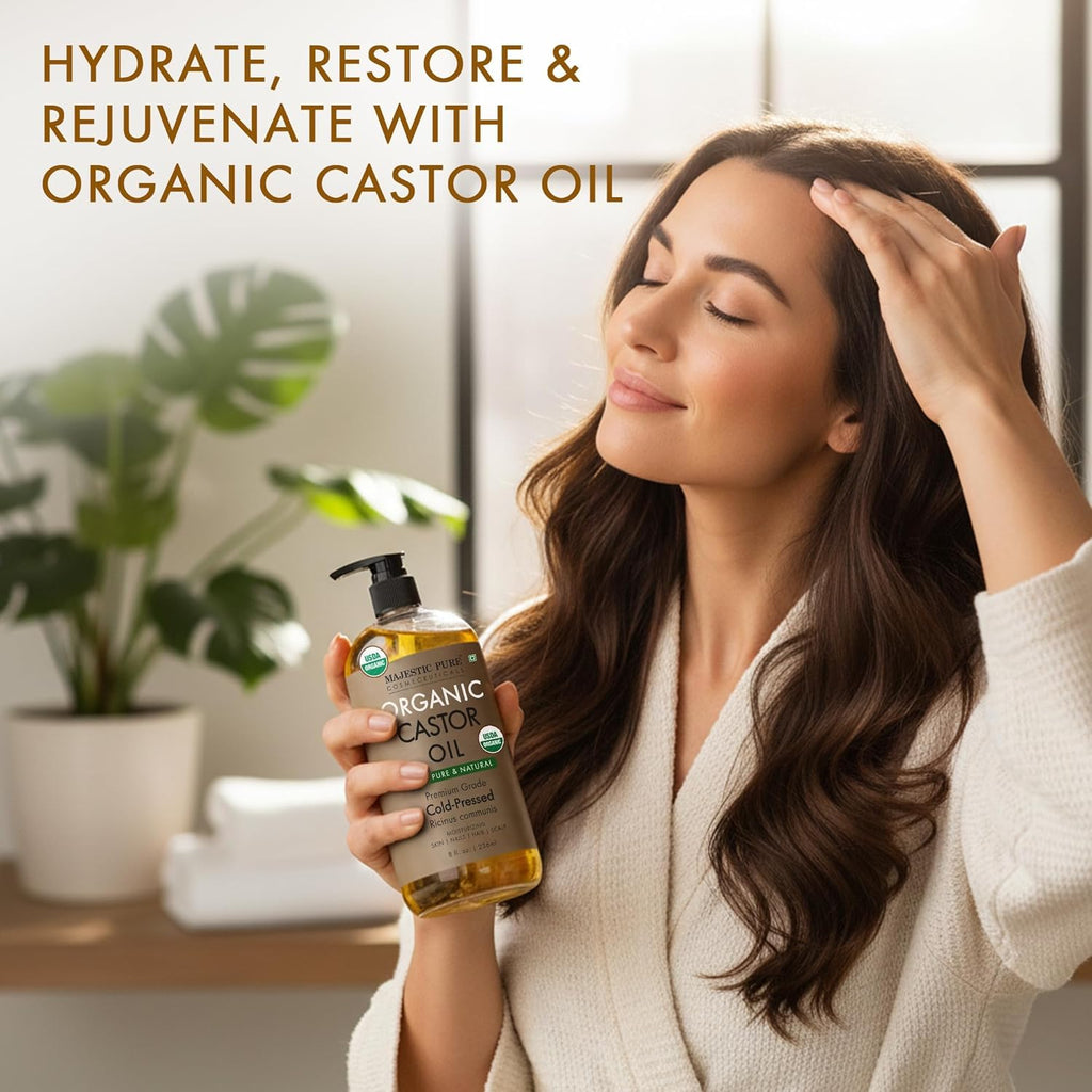 Majestic Pure USDA Organic Castor Oil | Hexane Free & 100% Pure | Cold Pressed | Stimulate Growth for Hair, Eyelashes, Eyebrows, Nails | Moisturizing & Nourishing | Body, Hair & Carrier Oil | 8 Fl Oz