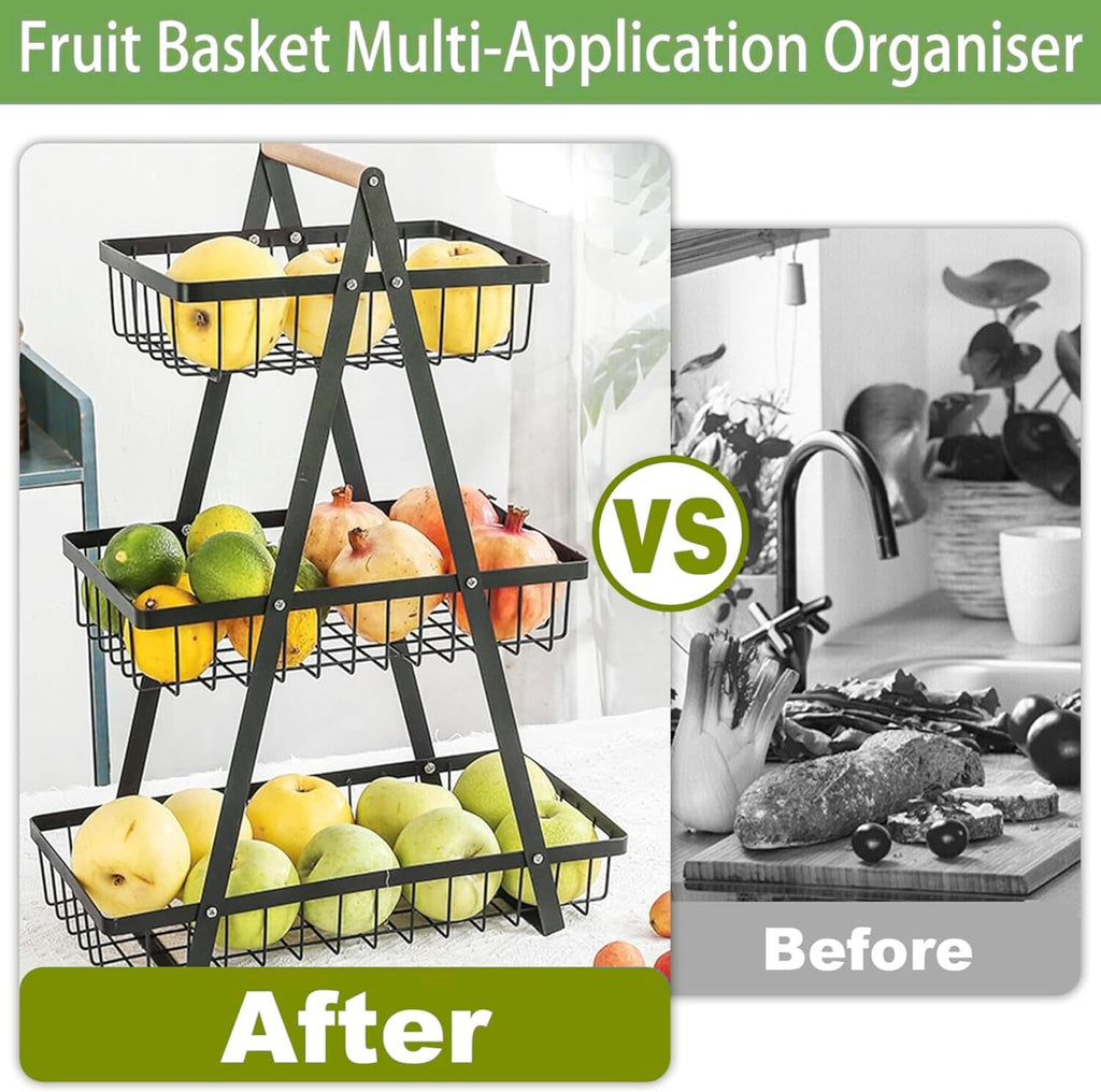 ECVV 3-Layer Countertop Fruit Storage Basket, Vegetable Rack Bread Display Stand for Kitchen, Black